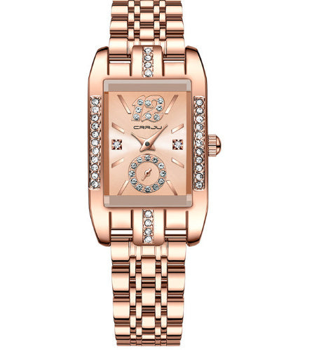Rose gold watch with diamond accents on a white background