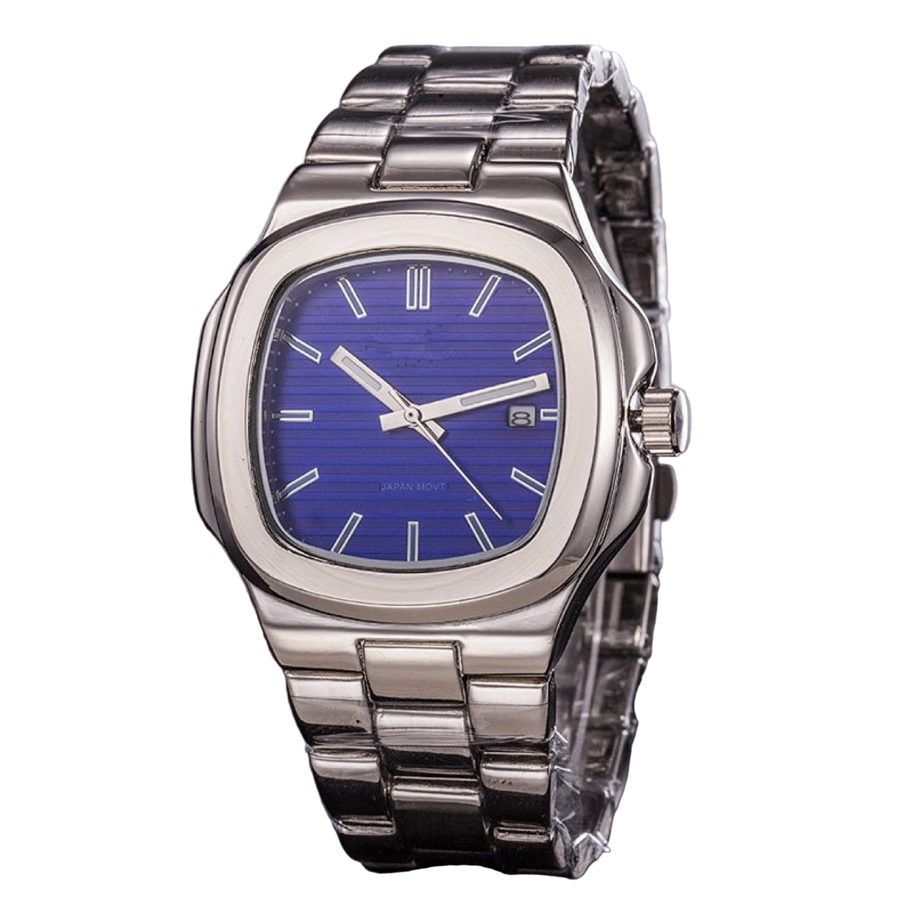 Silver watch with a blue face on a dark surface