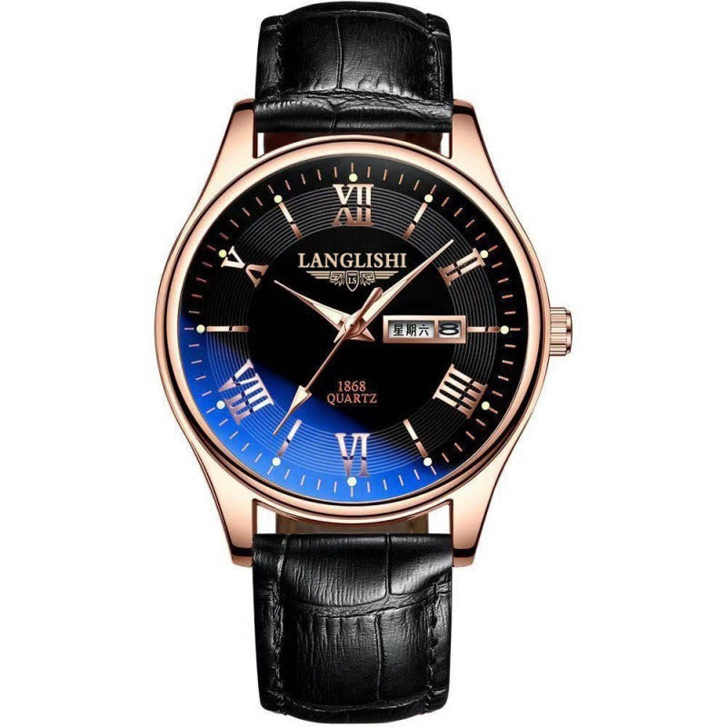 Watch with black leather strap and blue dial on a white background