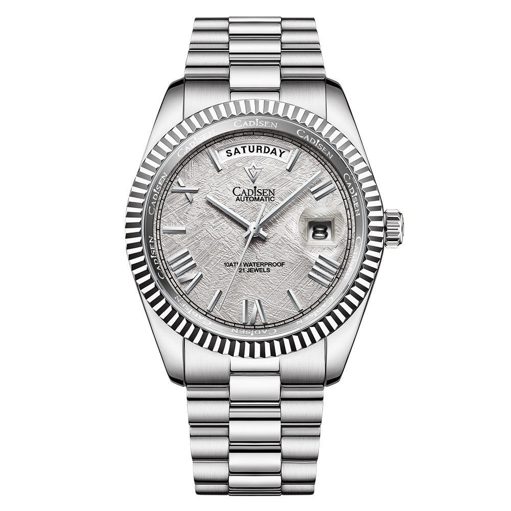 Silver watch with detailed face on a white background