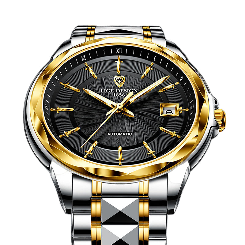 Luxury watch with gold and silver design on a dark background