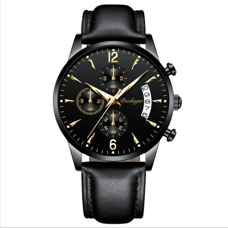 Black wristwatch with gold accents on a white background