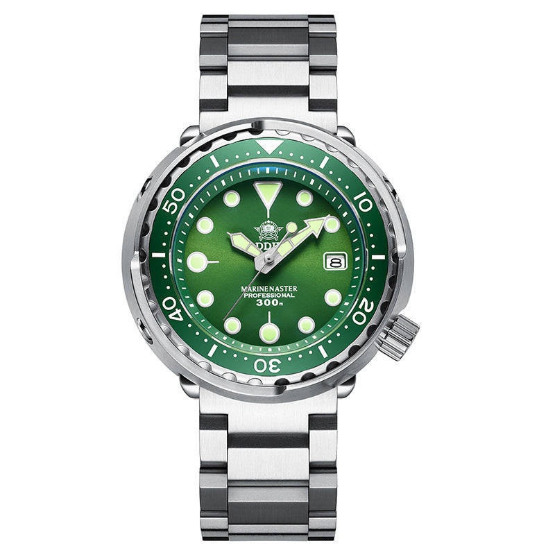 Green watch with silver bracelet on a white background