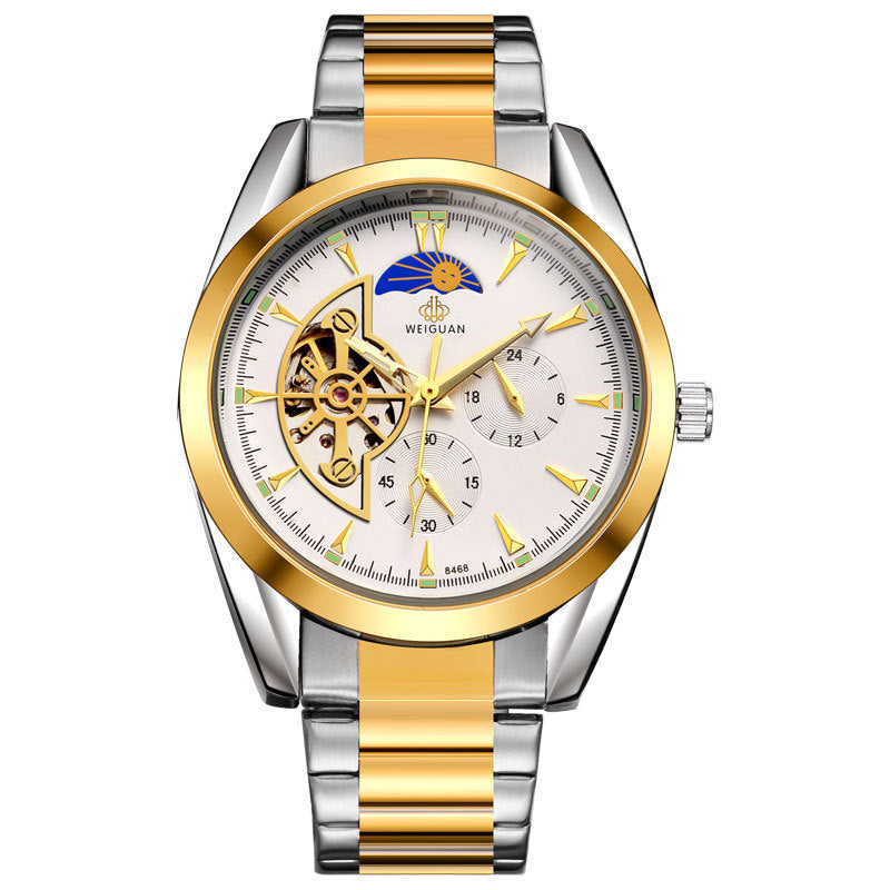 Gold and silver watch with visible brand logo on a white background