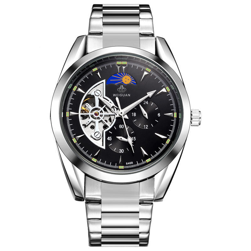 Silver wristwatch with black dial on a white background, featuring the brand 'WEIGUAN'.