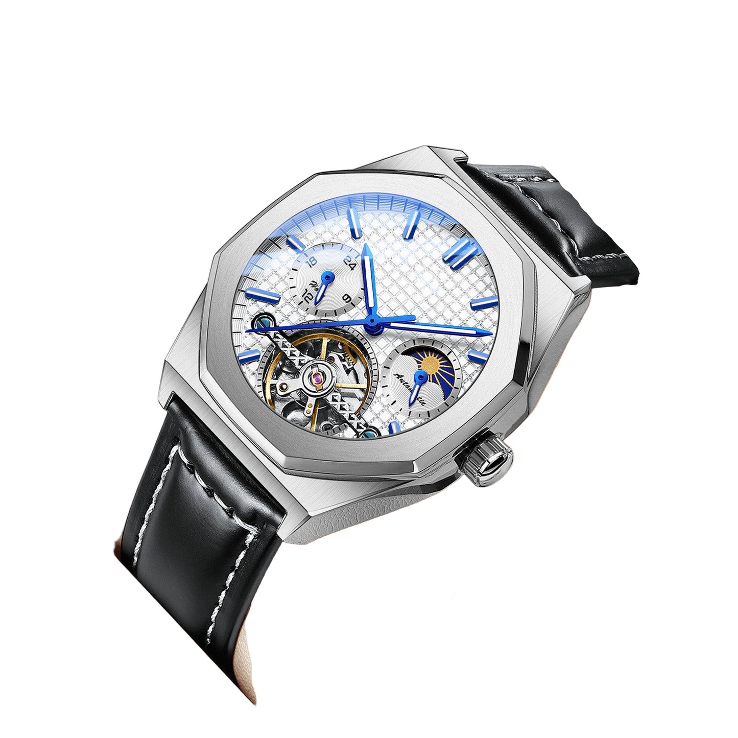 Luxury watch with black leather strap and visible mechanical components on a white background
