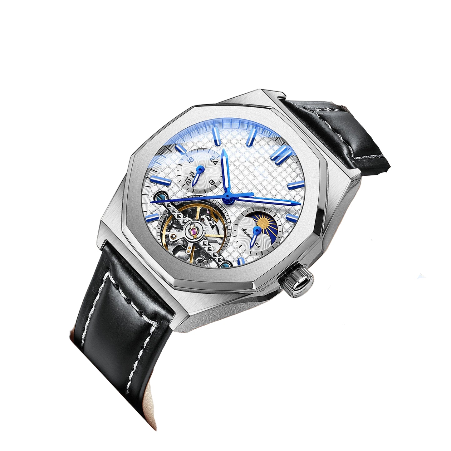 Luxury watch with black leather strap and visible mechanical components on a white background
