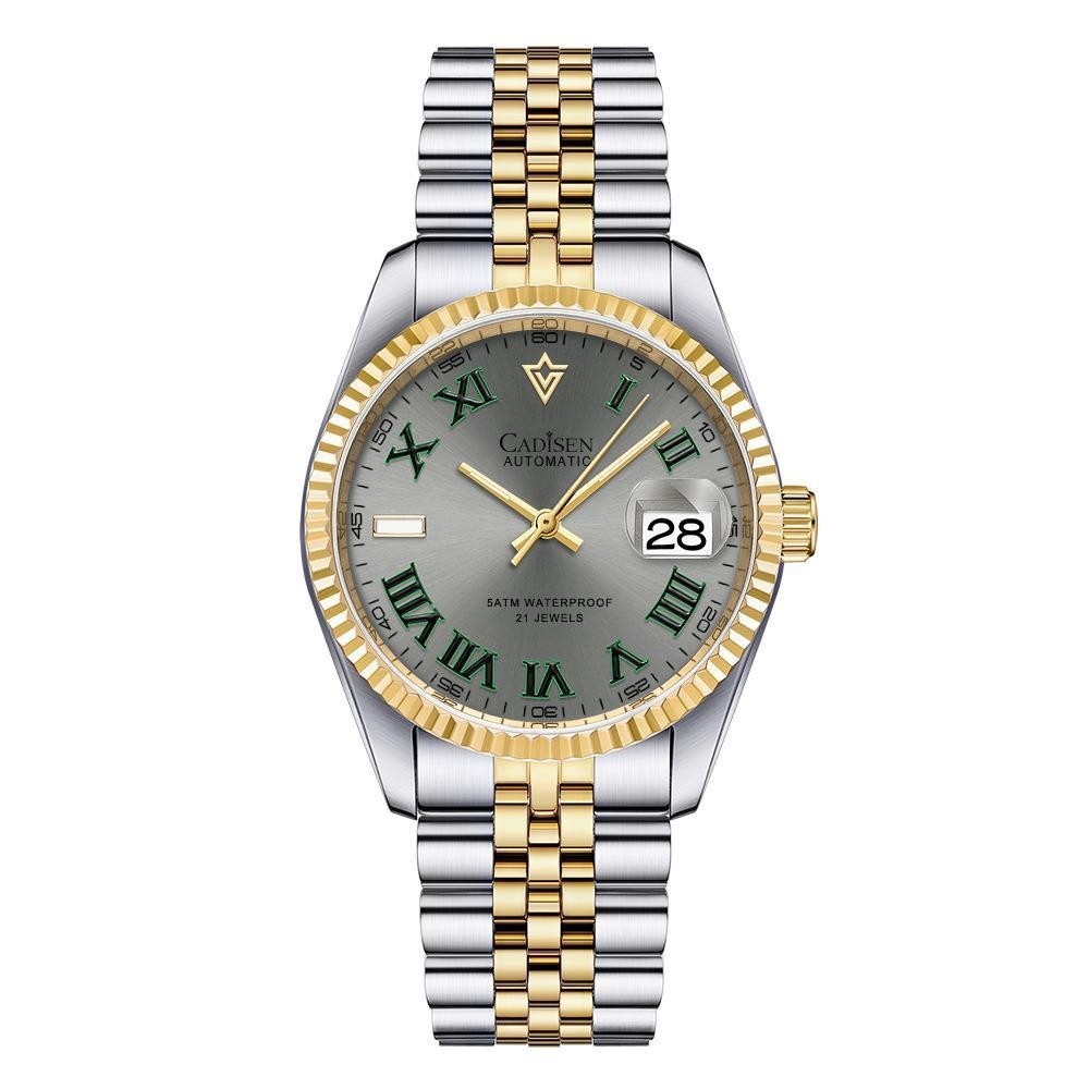 Two-tone silver and gold watch with a green dial on a white background