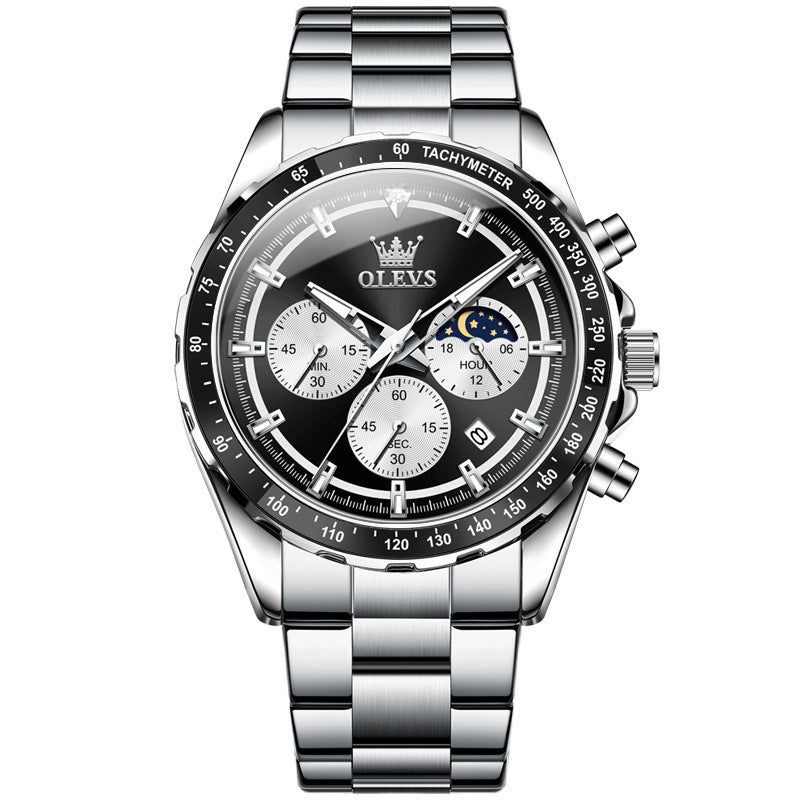 Silver wristwatch with a detailed face on a white background