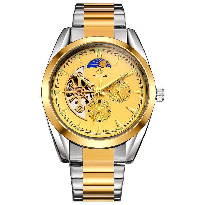 Gold and silver watch with visible brand logo on a white background
