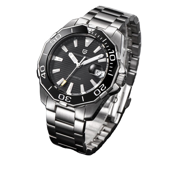 Silver wristwatch with black dial on a dark textured background