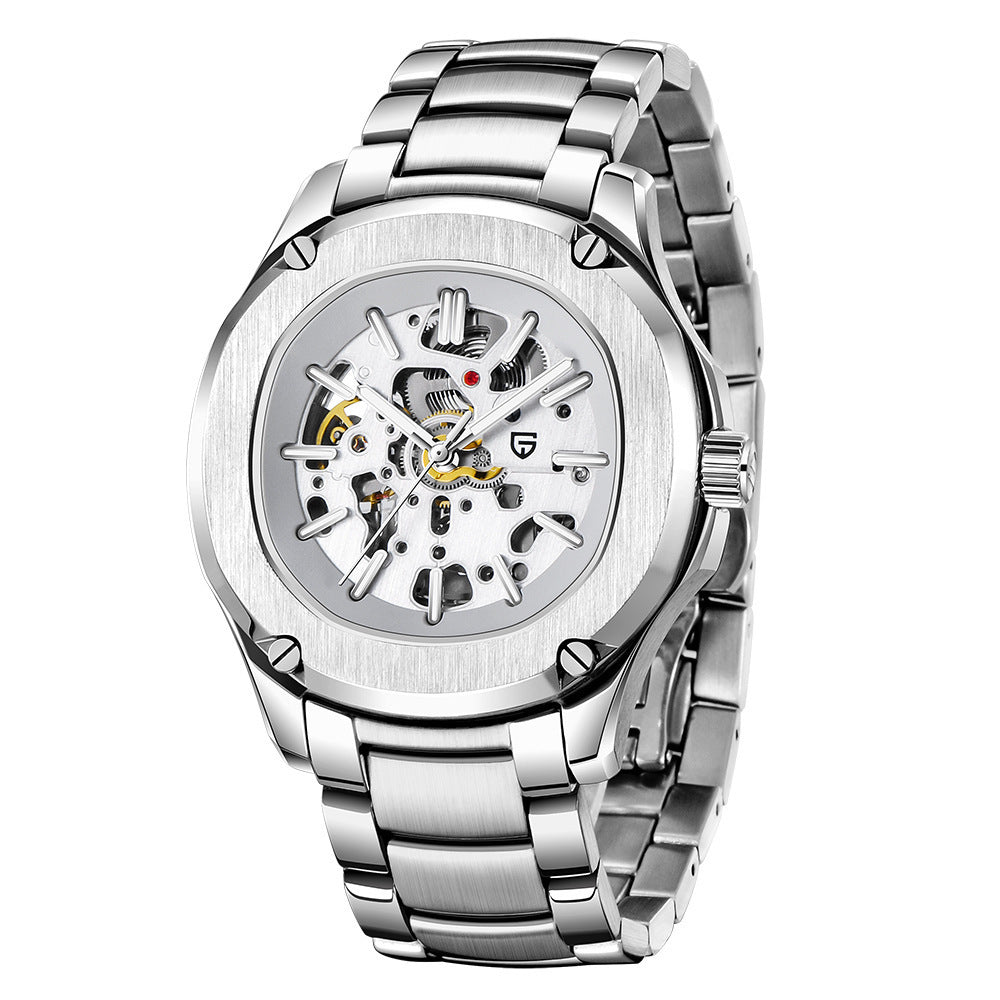 Silver wristwatch with a mechanical design on a white background