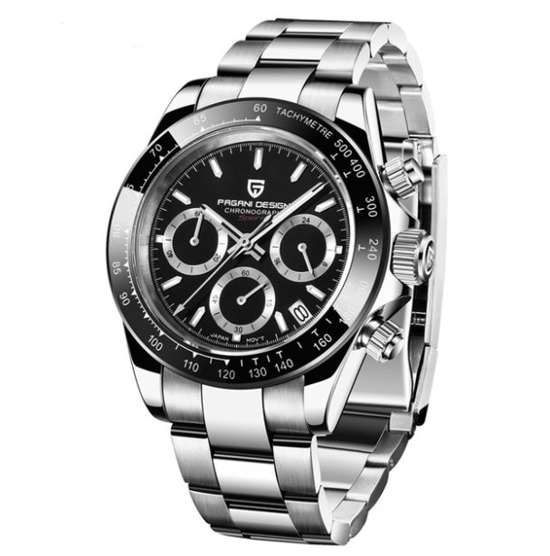 Silver wristwatch with black dial on a white background