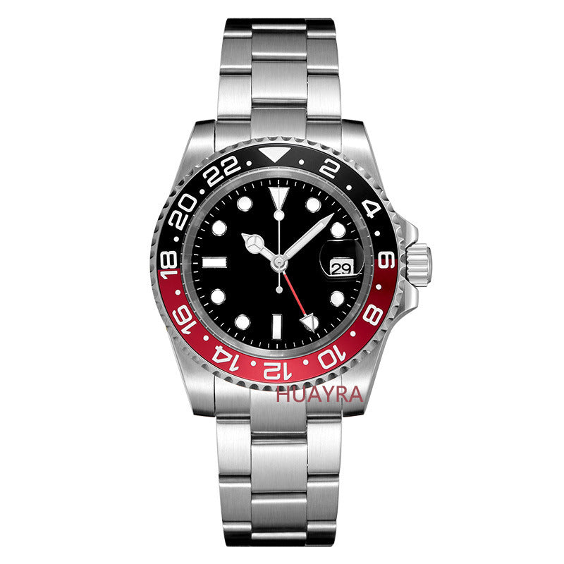 Silver watch with black and red face on a white background