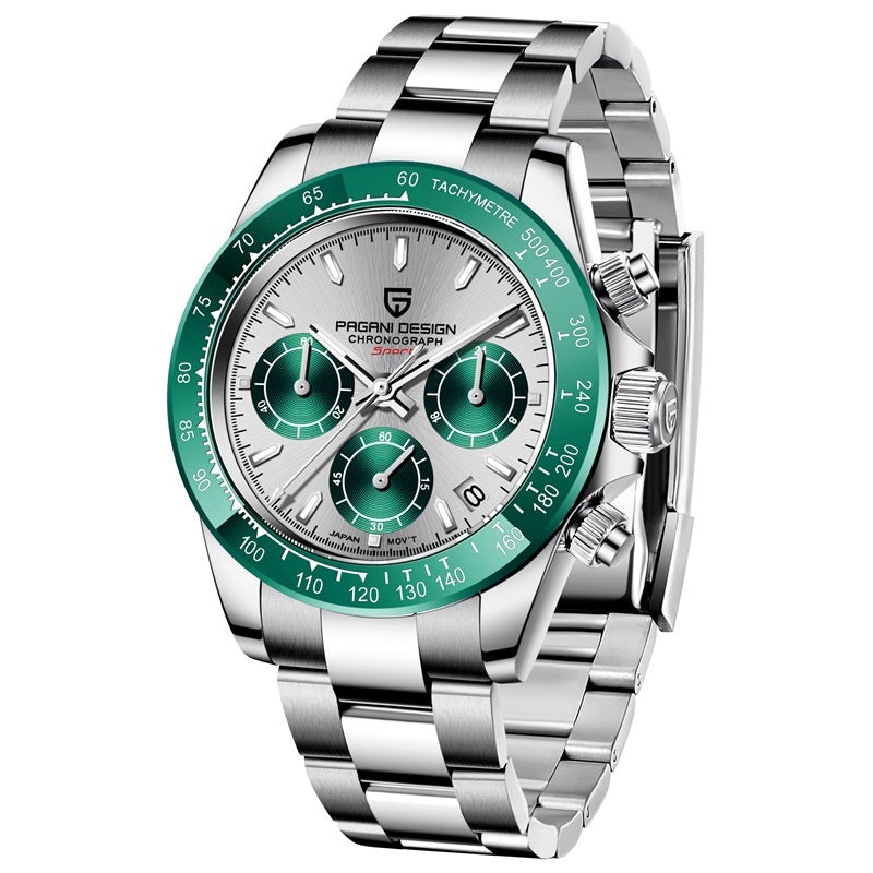 Silver and green watch with detailed face on a white background