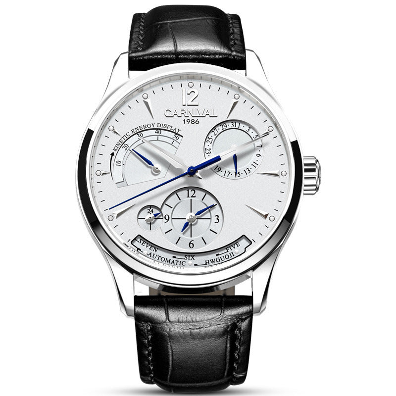 Carven watch with black leather strap on a white background