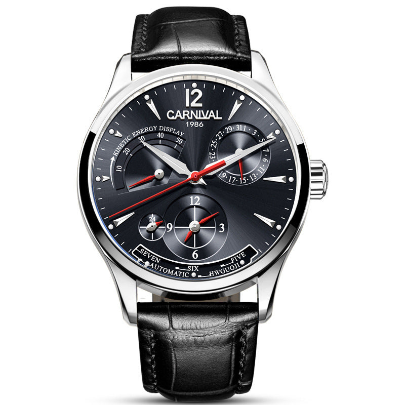 Carnival watch with black leather strap and detailed face on a white background