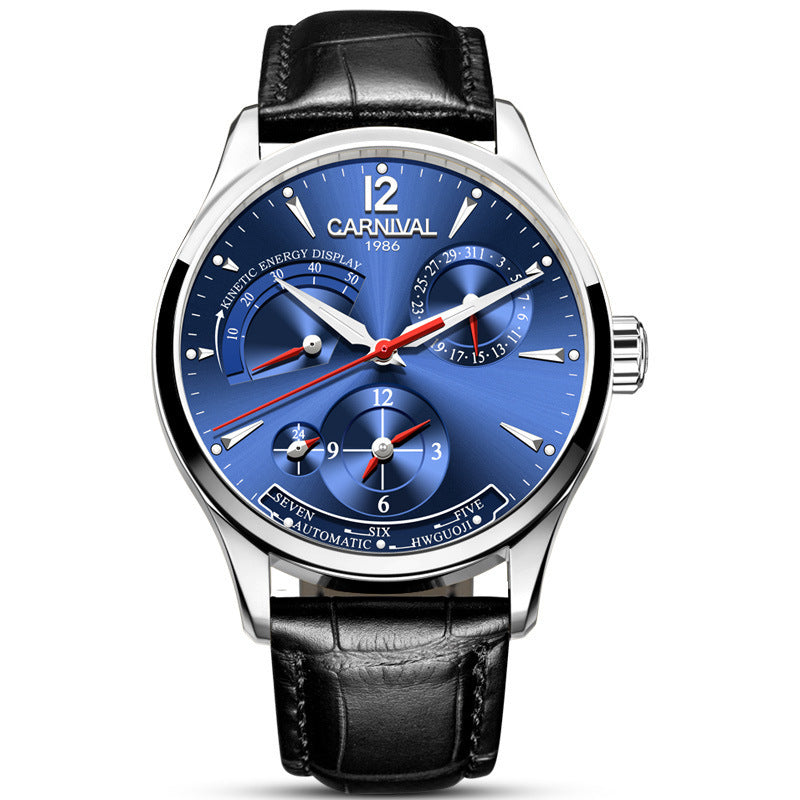 Carnival watch with blue face and black leather strap on white background