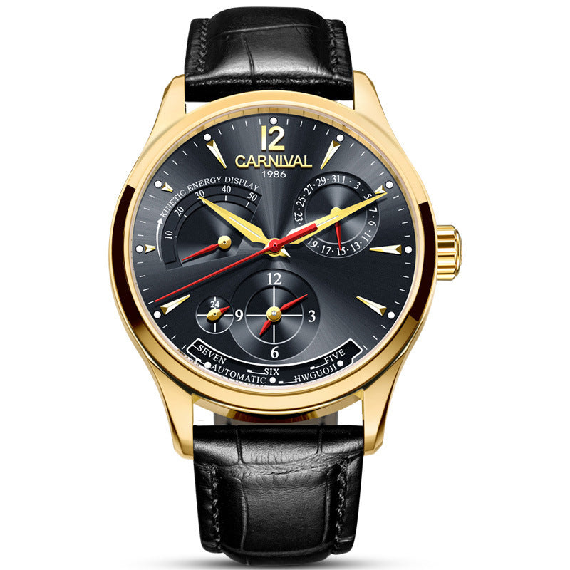 Luxury watch with black leather strap and gold casing on a white background