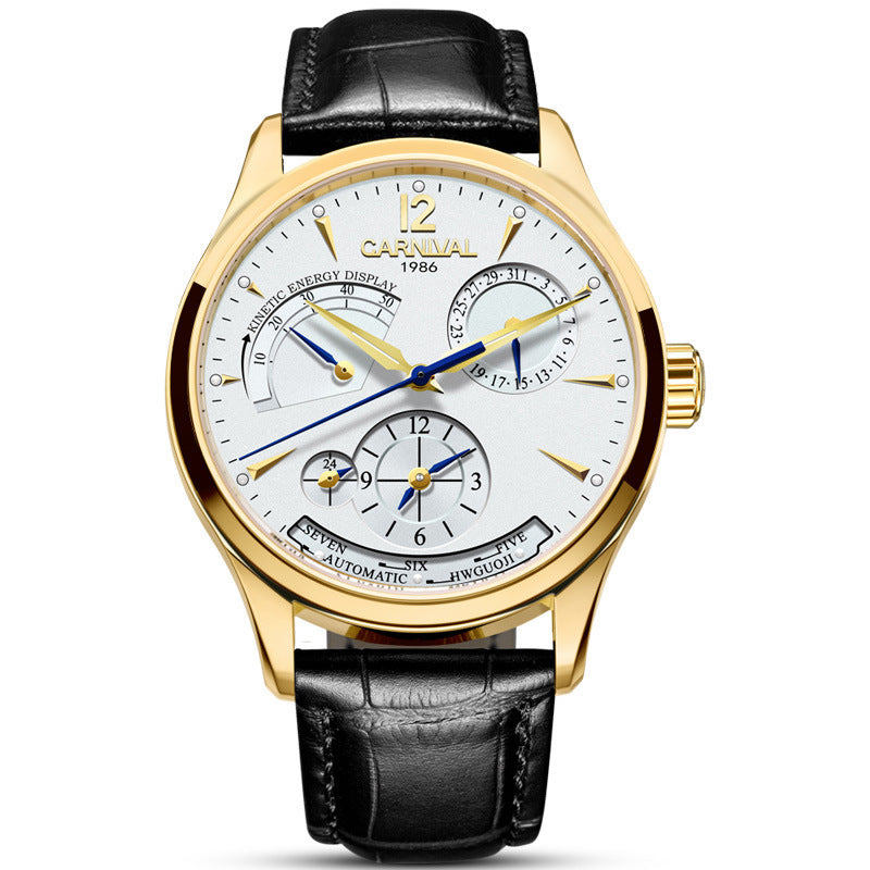 Gold wristwatch with a black leather strap on a white background