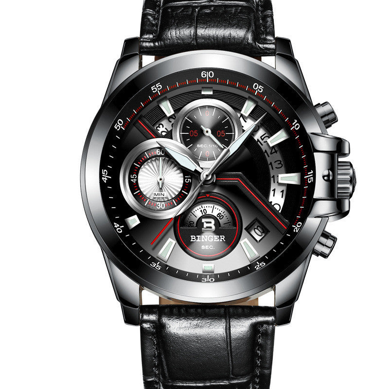 Luxury watch with black leather strap and detailed face on a white background