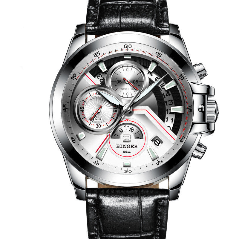 Wristwatch with black leather strap and silver case on a white background