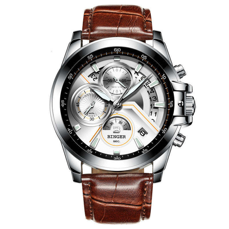 Wristwatch with brown leather strap and silver case on white background