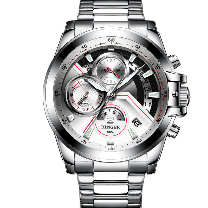 Silver wristwatch with a detailed face on a white background