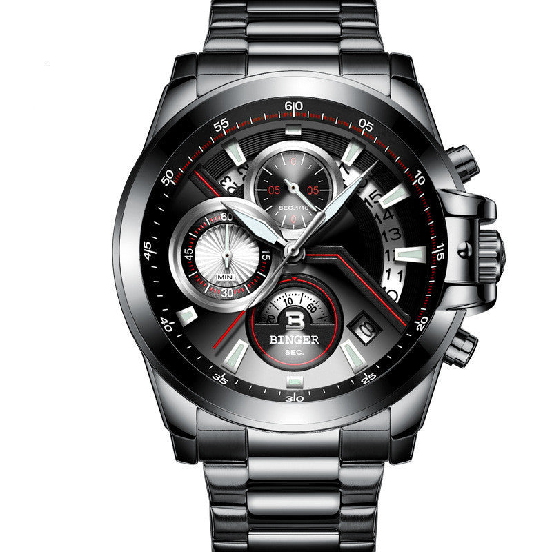 Silver wristwatch with a detailed face on a white background