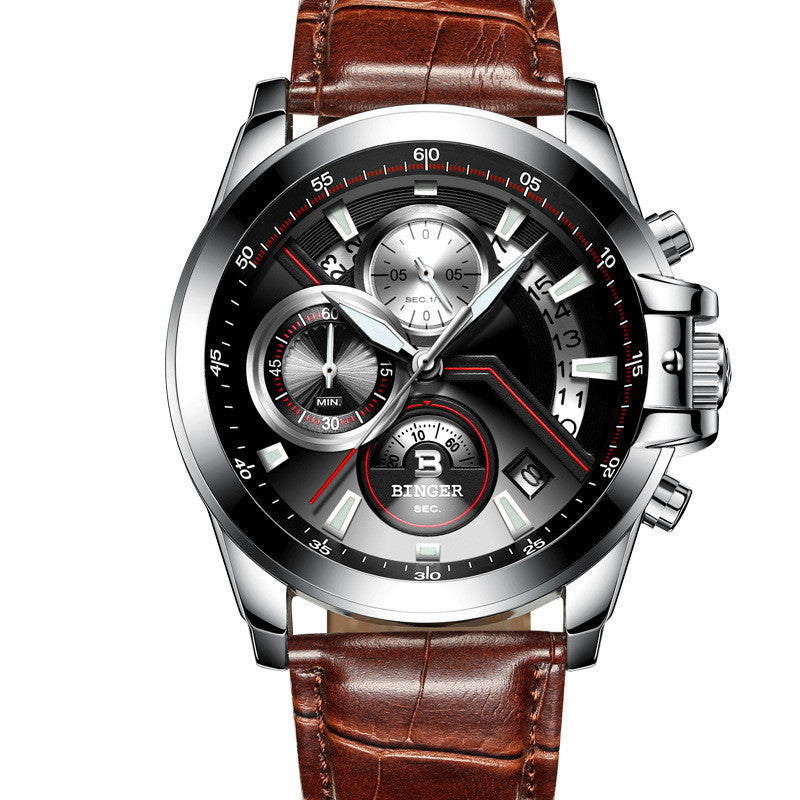 Wristwatch with brown leather strap and detailed face on a white background
