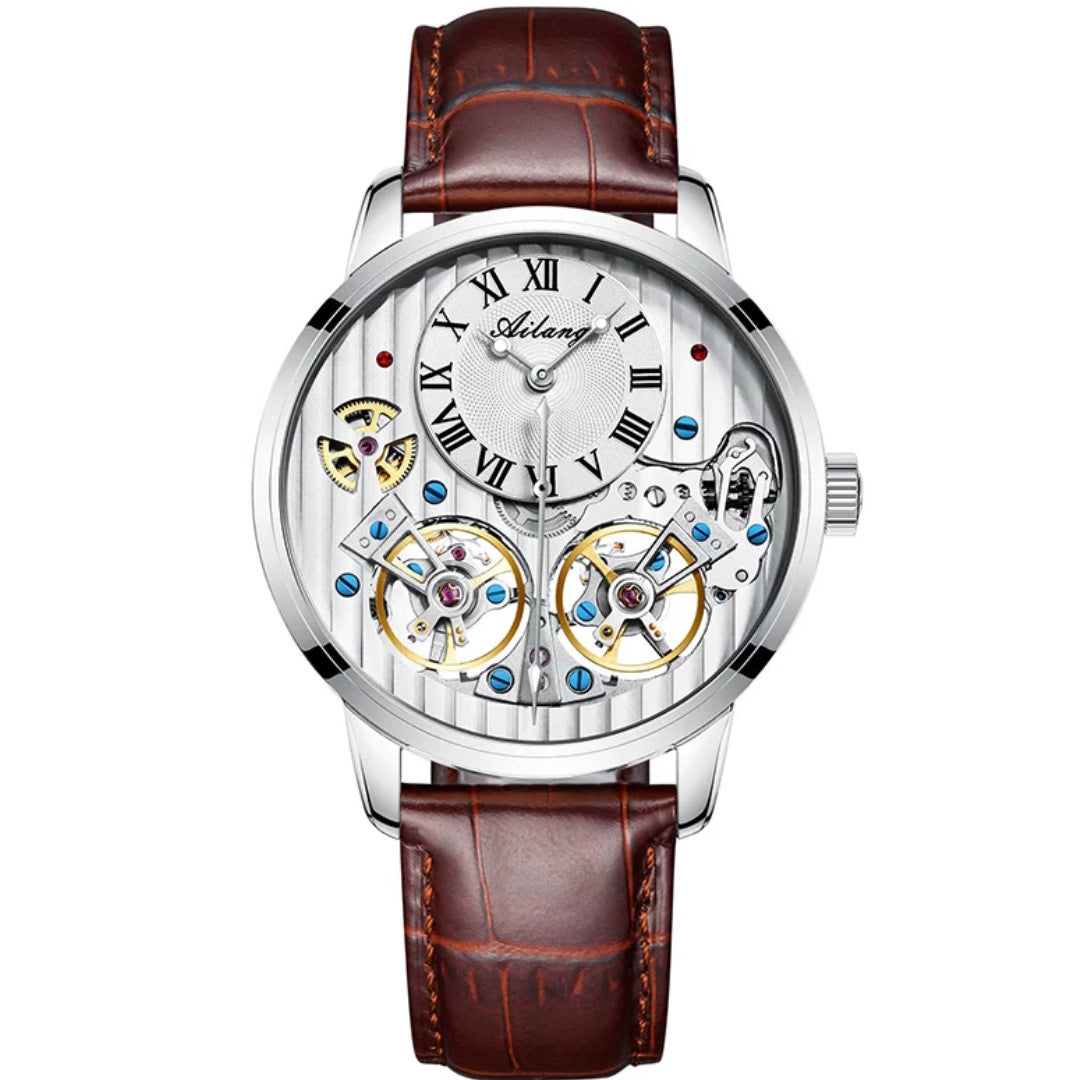 Watch with brown leather strap and visible mechanical components on a white background