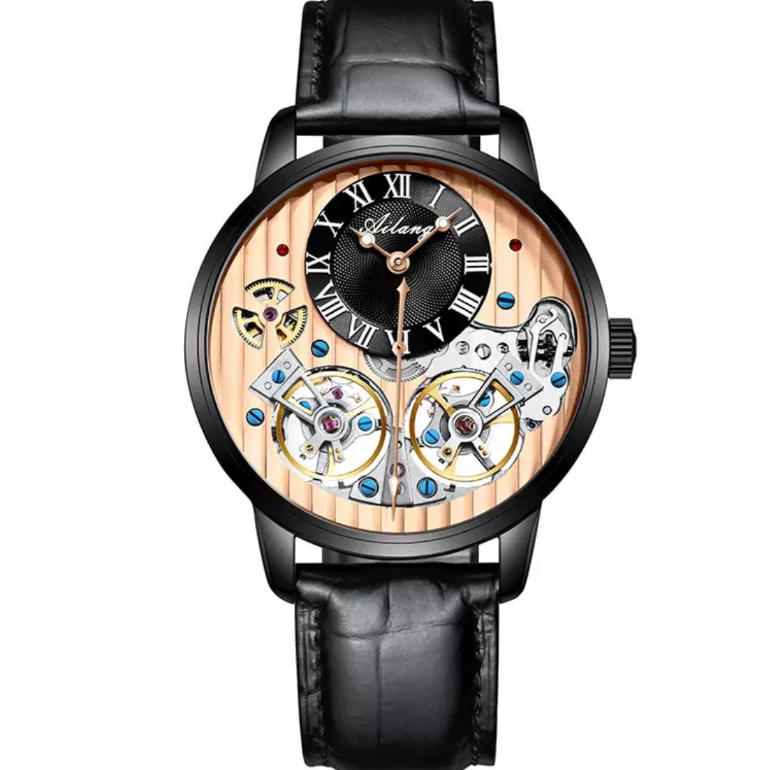 Luxury watch with black leather strap and transparent face showing mechanical components on a white background