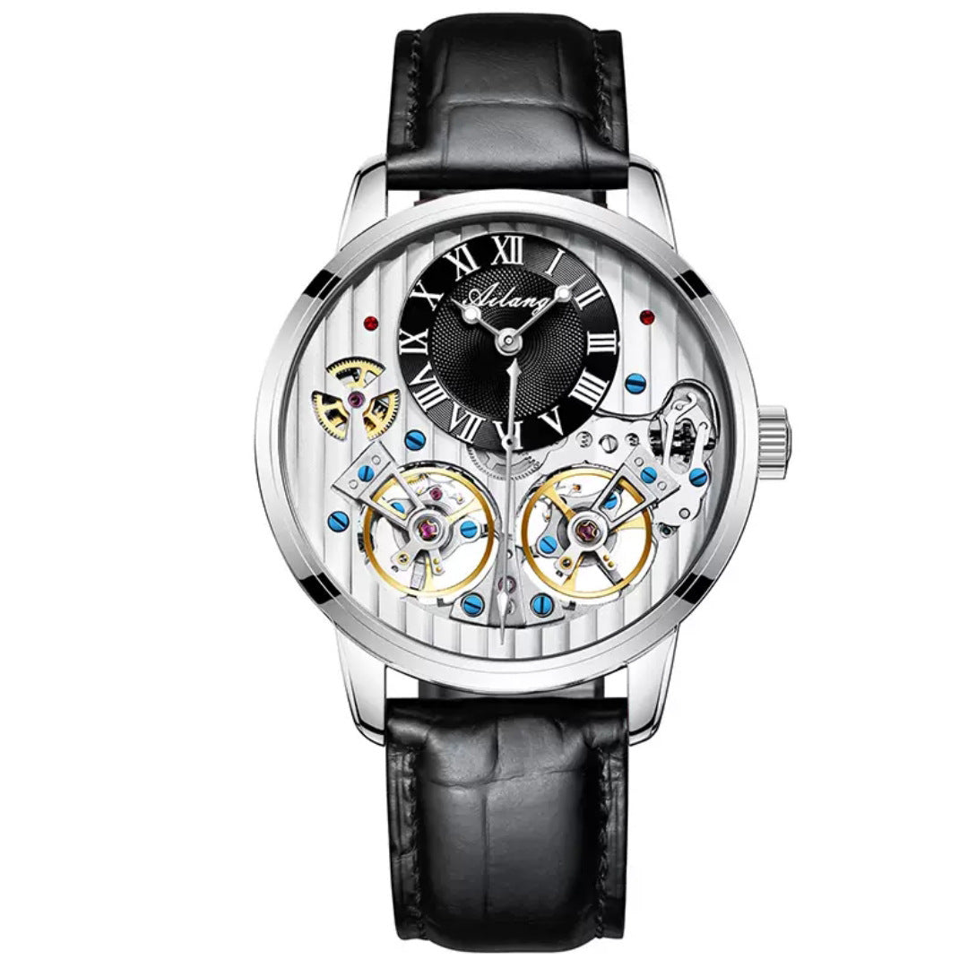 Luxury watch with black leather strap and visible mechanical components on a white background
