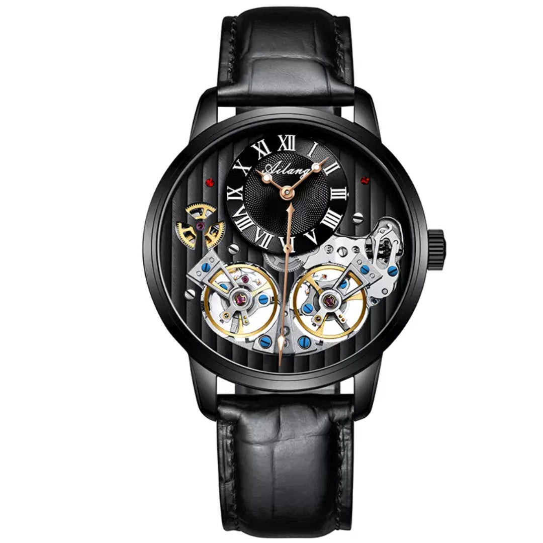 Black wristwatch with detailed mechanical components on a white background