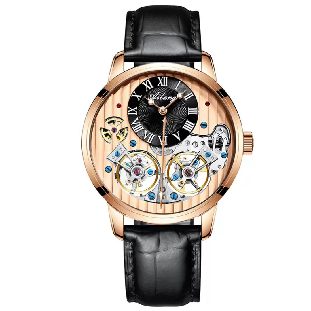 Luxury watch with black leather strap and rose gold case on white background
