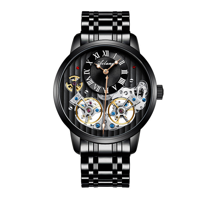 Black mechanical watch with detailed movement on a white background