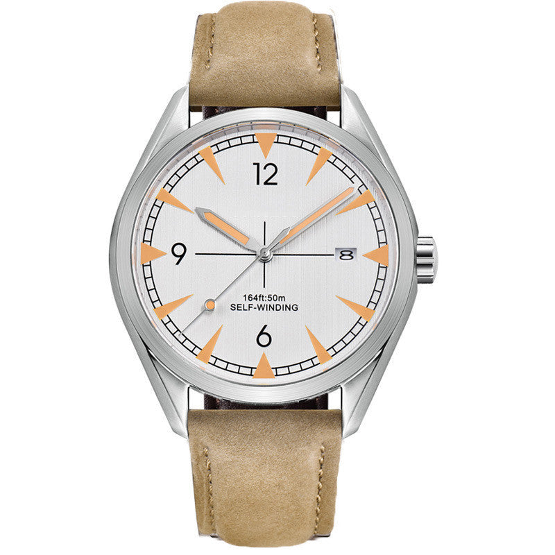 Watch with beige leather strap and white dial on a white background