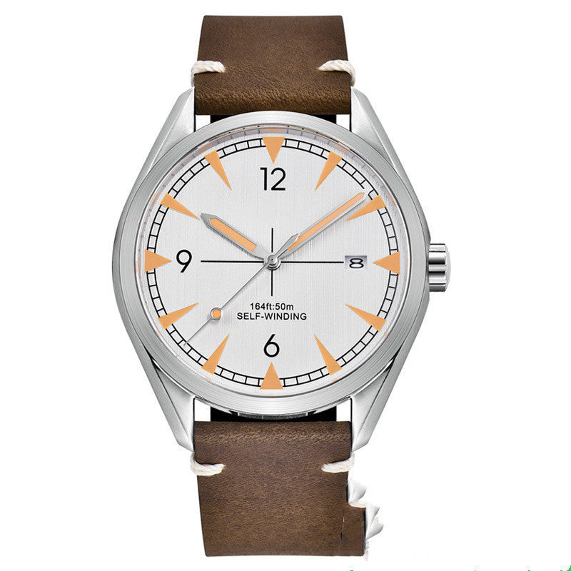 Wristwatch with brown leather strap and white dial on a white background