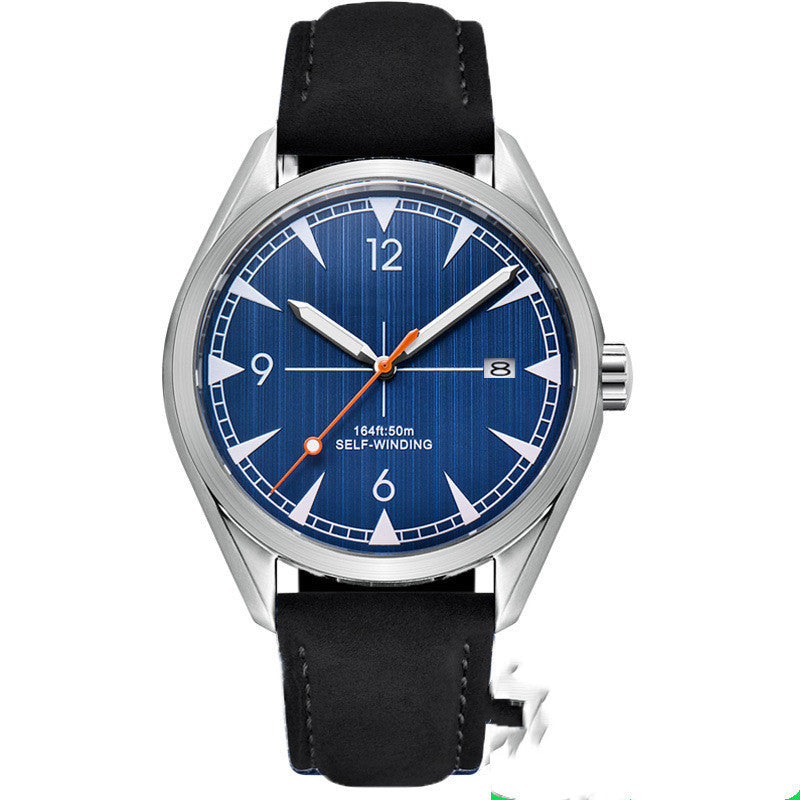 Wristwatch with blue dial and black leather strap on a white background