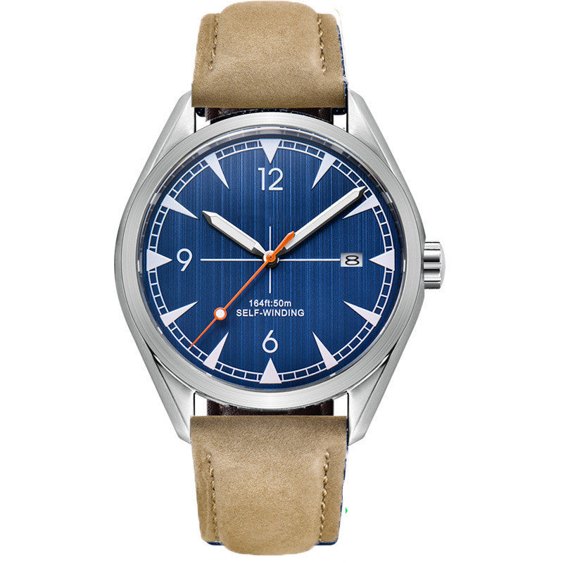 Wristwatch with blue dial and beige leather strap on a white background