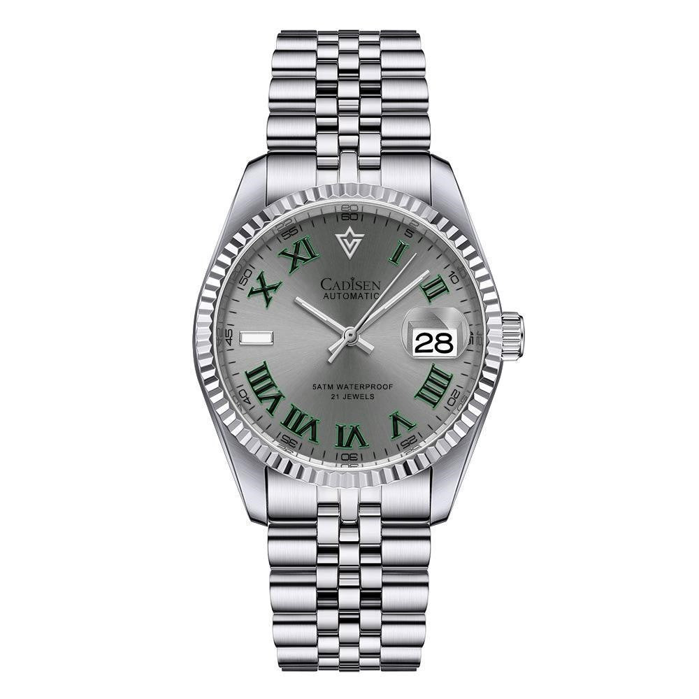 Silver wristwatch with a green-dial face on a white background