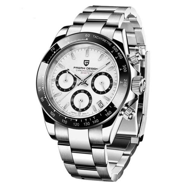 Silver wristwatch with a white face on a white background