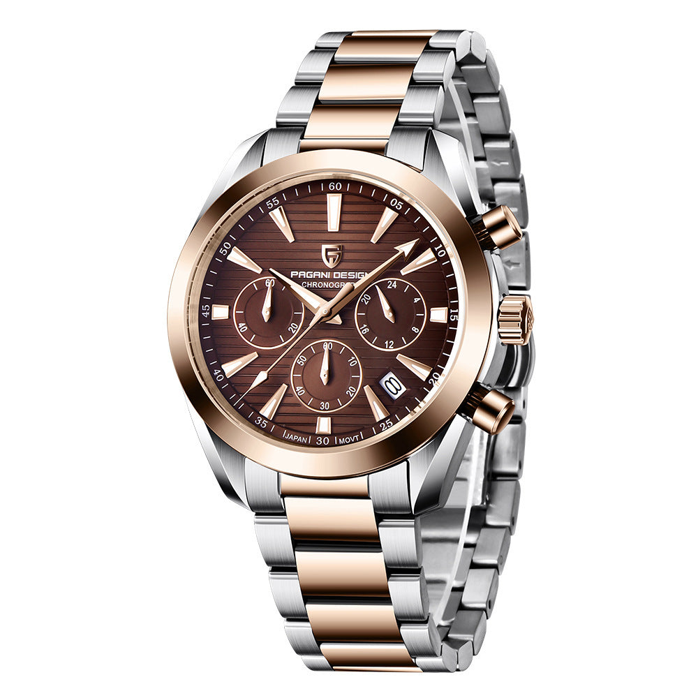 Luxury watch with brown dial and rose gold accents on a white background