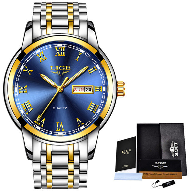 Luxury watch with blue face and gold accents, featuring LIGE branding.