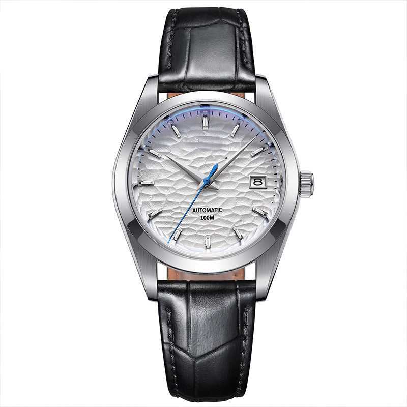 Wristwatch with black leather strap and silver case on a white background