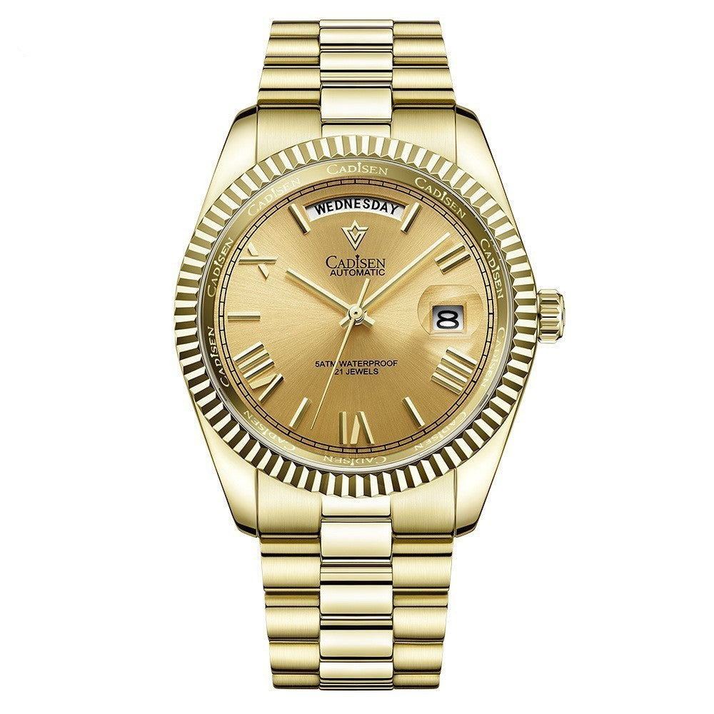 Gold wristwatch with detailed face on a white background