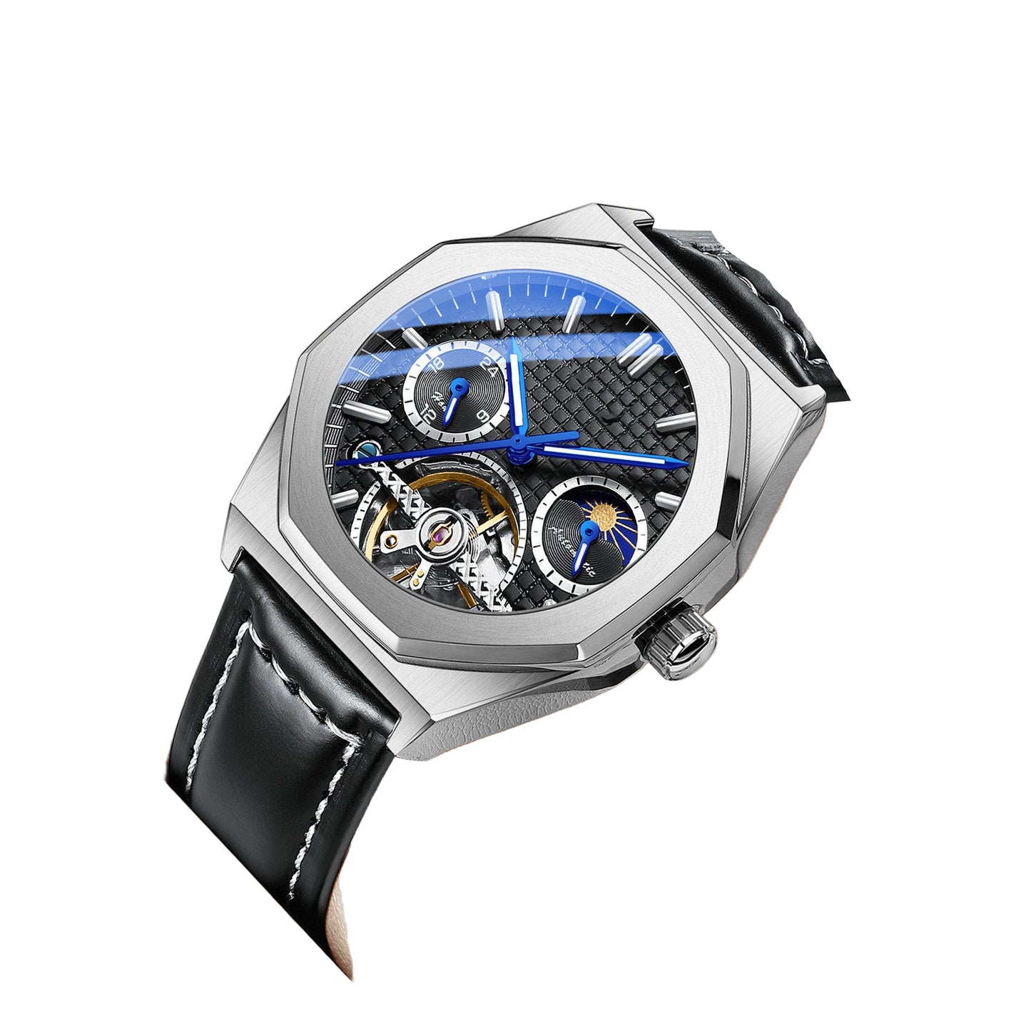 Luxury watch with black leather strap and visible brand tag on a light background