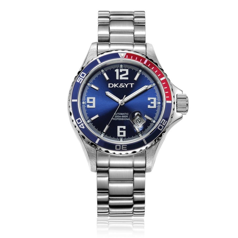 Silver watch with blue face and red accents on a white background