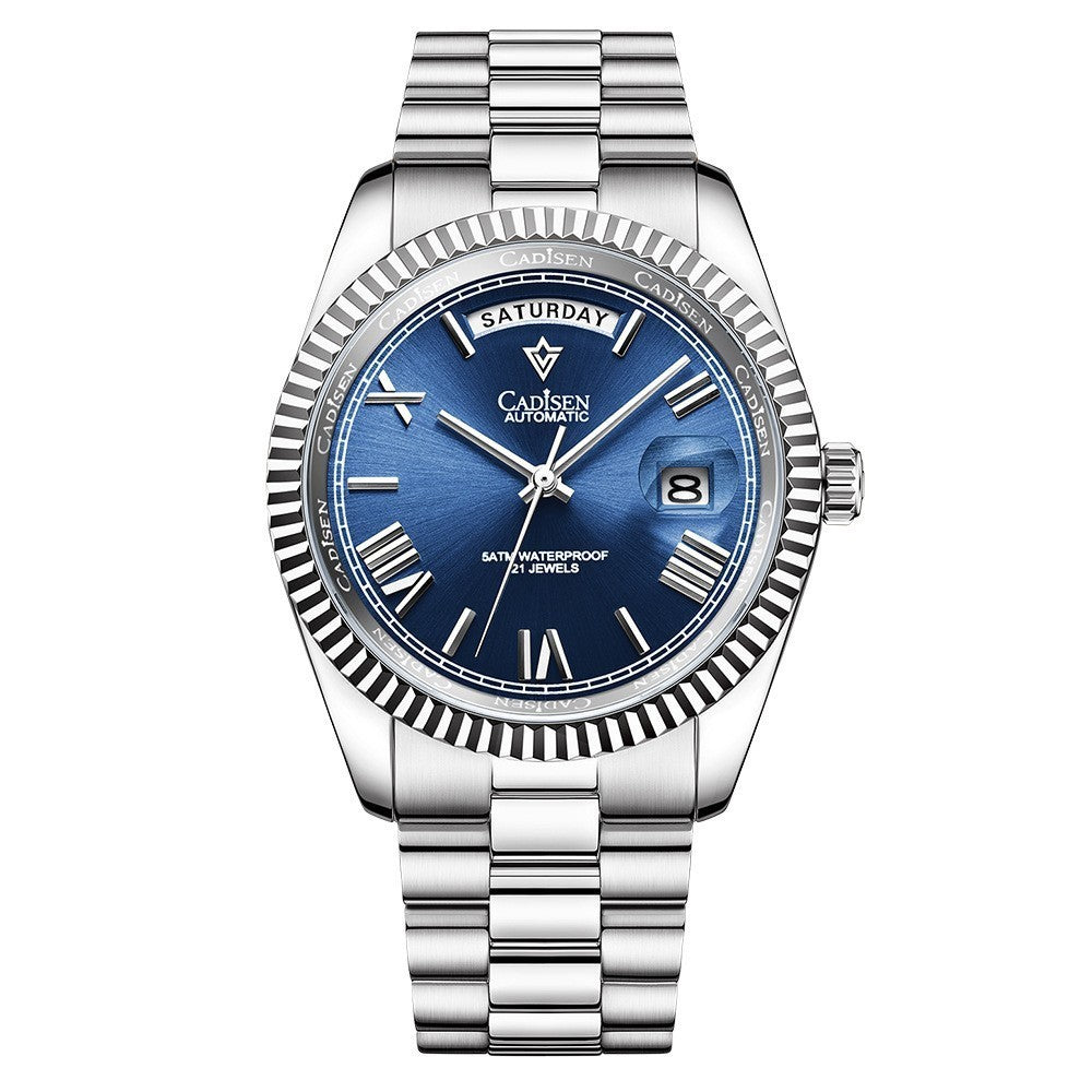 Silver watch with a blue face on a white background