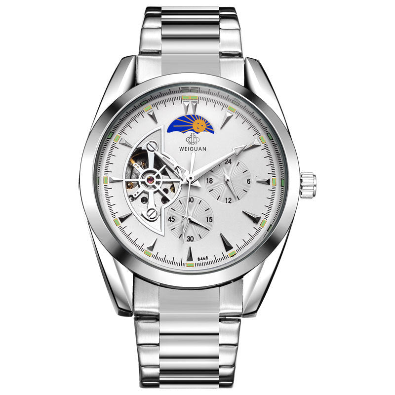 Silver wristwatch with white face on a white background, featuring the brand 'WEIGUAN'.